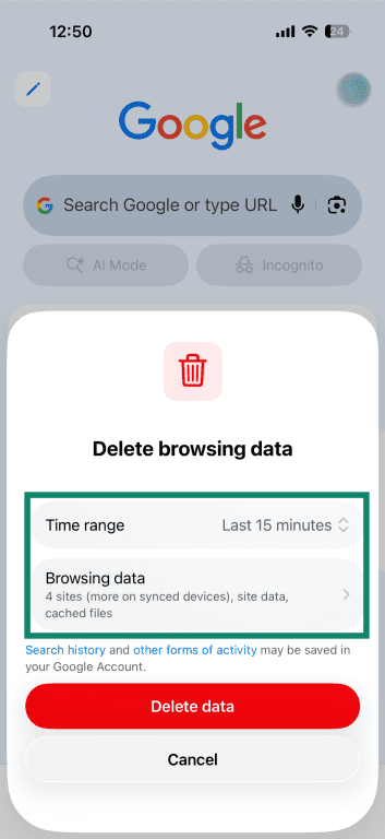 Google Chrome on iOS, showing the "Delete browsing data" window, with the "Time range" and "Browsing data" options highlighted.