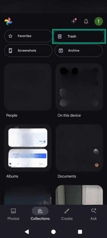 The Google Photos Collections tab, highlighting the Trash icon in the top right.