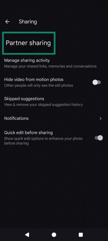 The Google Photos Sharing screen, emphasizing the Partner sharing option.