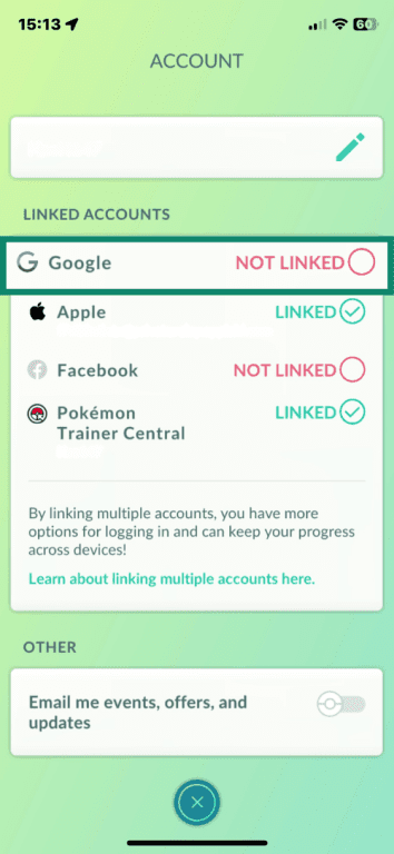 Pokémon GO on iOS showing Account settings and linked accounts, with an unlinked account highlighted
