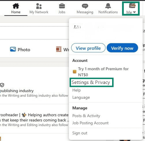 LinkedIn home page with Me dropdown menu opened and Settings & Privacy highlighted.