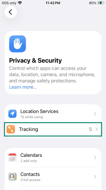 iPhone Privacy & Security settings with Tracking highlighted.