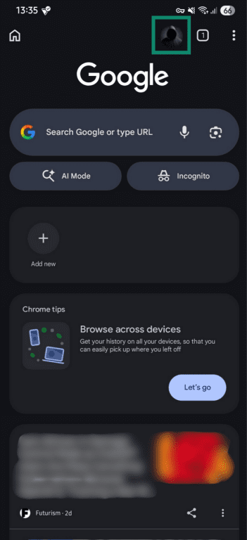 Chrome profile picture highlighted in the top-right corner of the Chrome browser on Android.