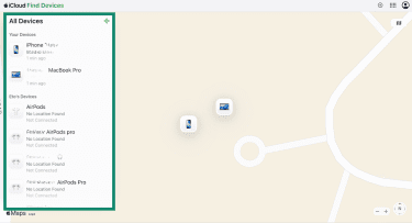 iCloud Find Devices page showing all the Apple account devices and a map.