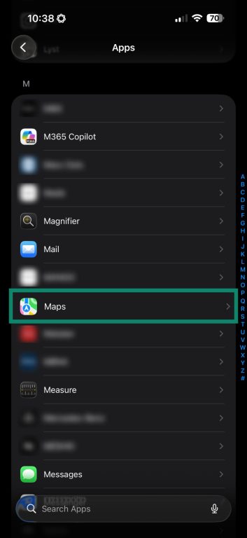 Screenshot of the iOS App Settings menu with Maps highlighted