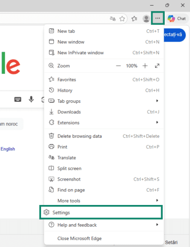 Microsoft Edge browser settings.