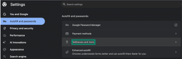 Addresses field in Google Chrome's Autofill and passwords section.