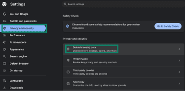 Chrome browser's Delete browsing data option under Privacy and Security.