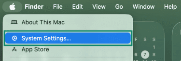 MacOS' Apple menu with the System Settings option highlighted.