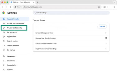 Chrome's Settings panel with the Privacy and Security menu item highlighted.