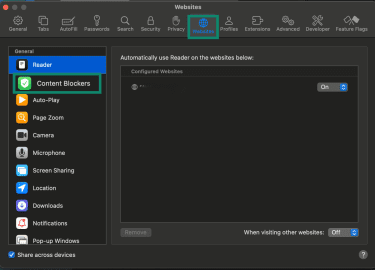 The "Websites" tab and "Content Blockers" option in Safari.