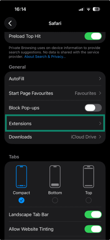 The "Extensions" option in iOS settings for Safari highlighted.