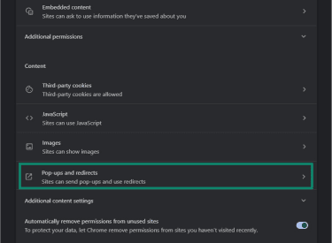 The "pip-ups and redirects" option in Chrome.