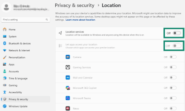 Disabling all location access on Windows.