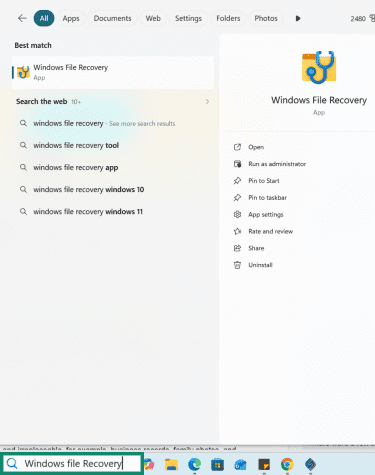 Searching for the Windows File Recovery program.