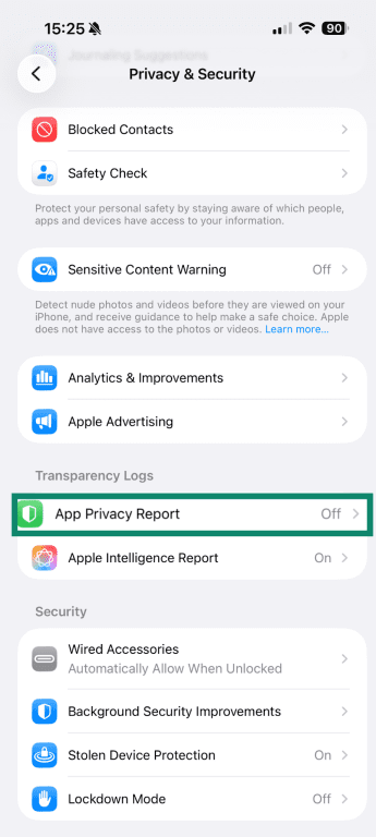 App Privacy Report on iPhone.
