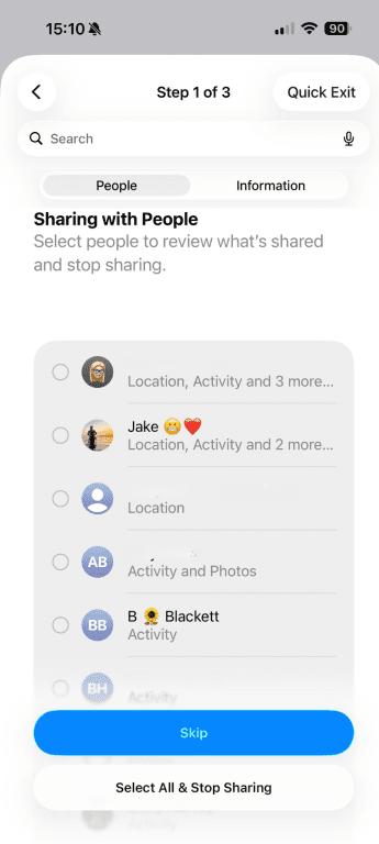 Sharing data settings on iPhone.