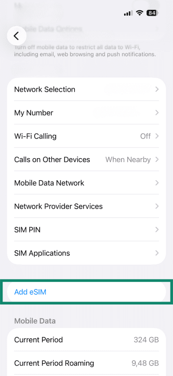 iOS' Cellular settings, with the "add eSIM" option highlighted.