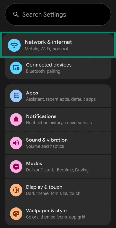 Network & internet in Android settings.