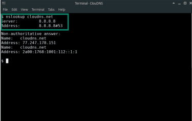 Terminal window showing an nslookup command for “cloudns.net” using Google DNS server 8.8.8.8.
