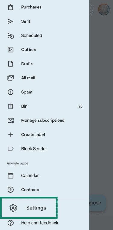 Gmail mobile menu with Settings highlighted.
