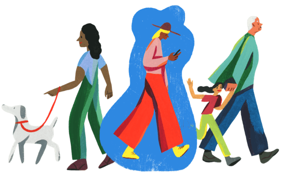 犬の散歩をしている人、大人と子供、スマホを持っている人。