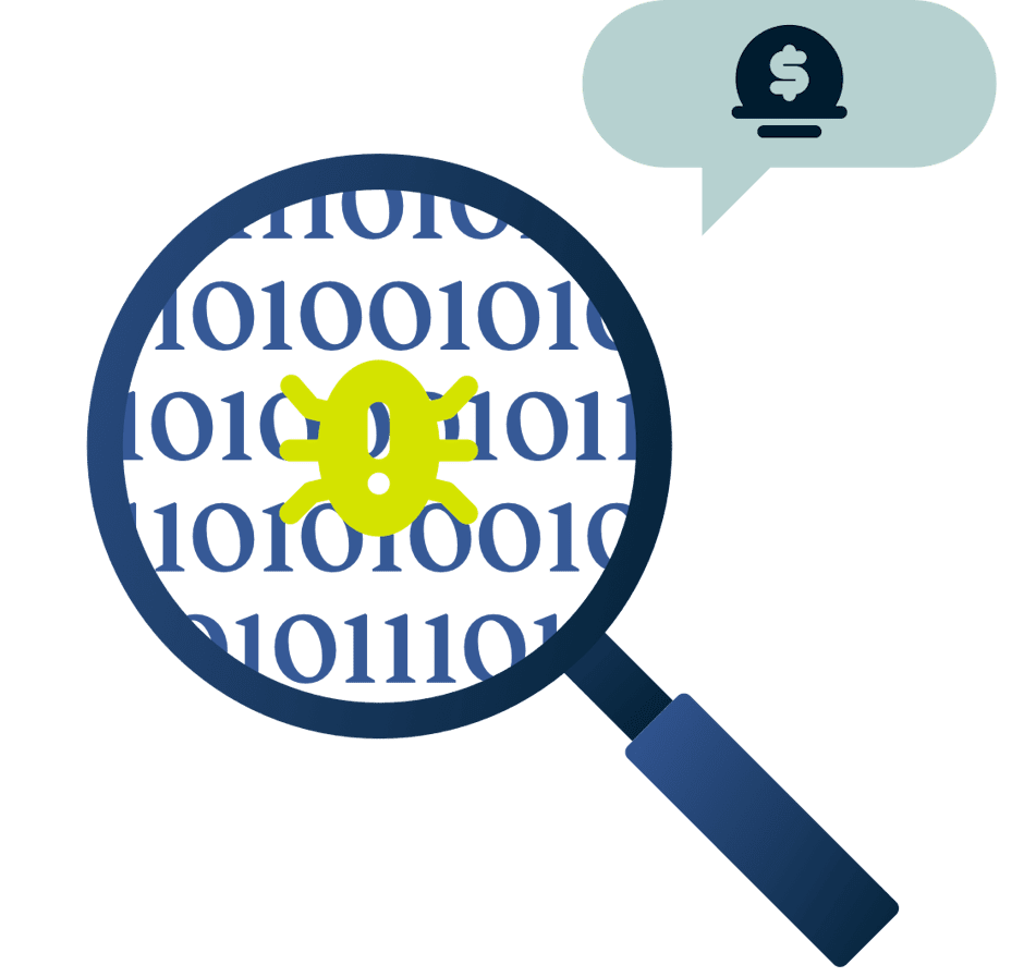 Et forstørrelsesglas med en fejl i og et belønningssymbol.