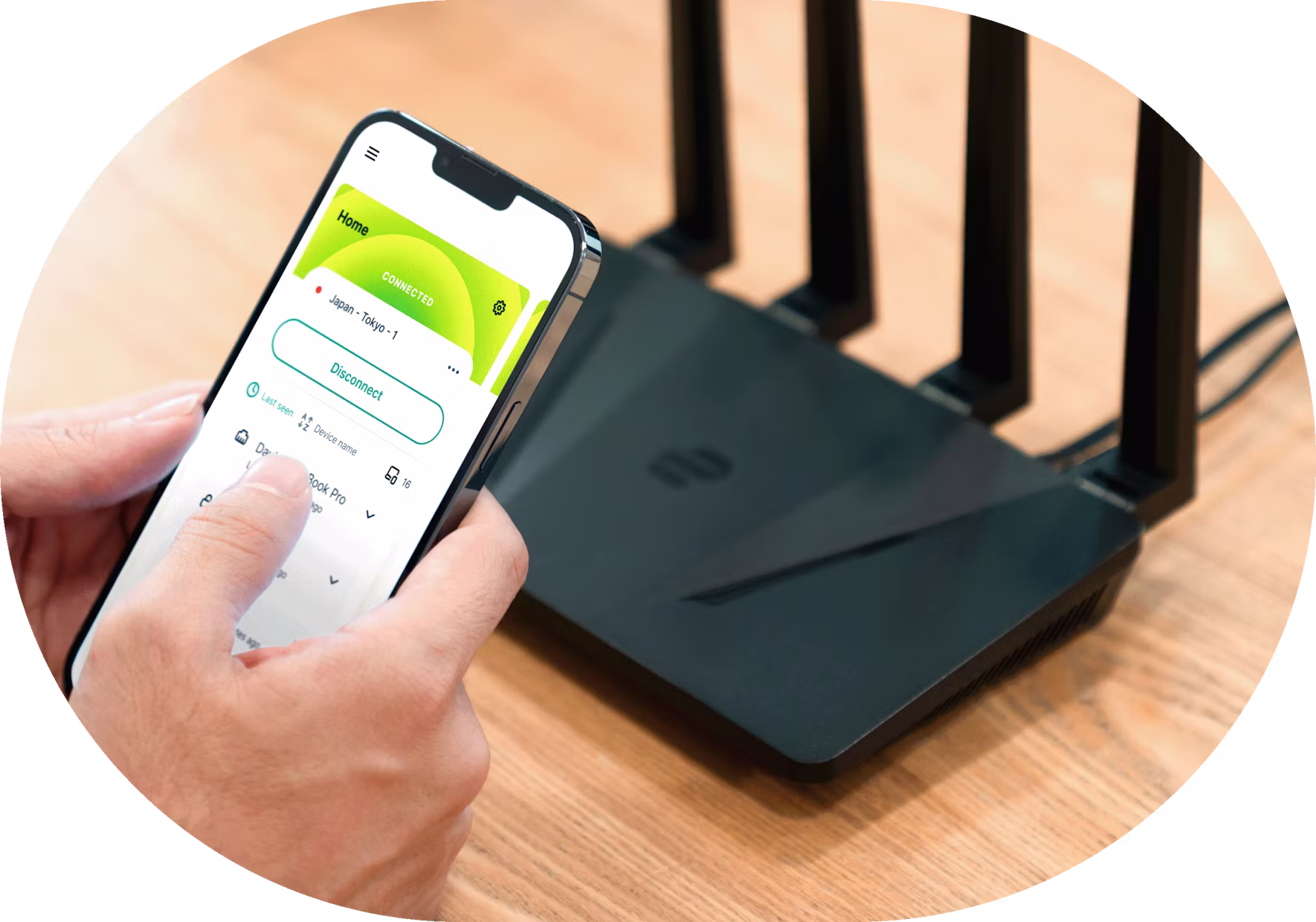 UI แอปเราเตอร์ + Aircove ในพื้นหลัง