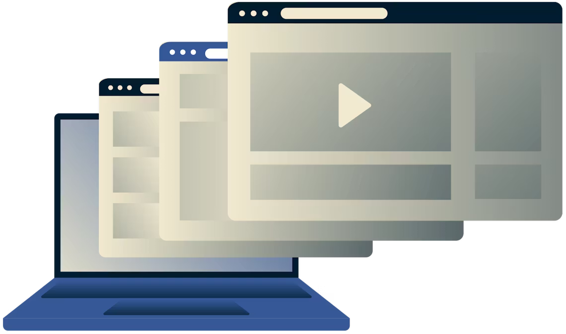 Bærbar computer med flere browservinduer.