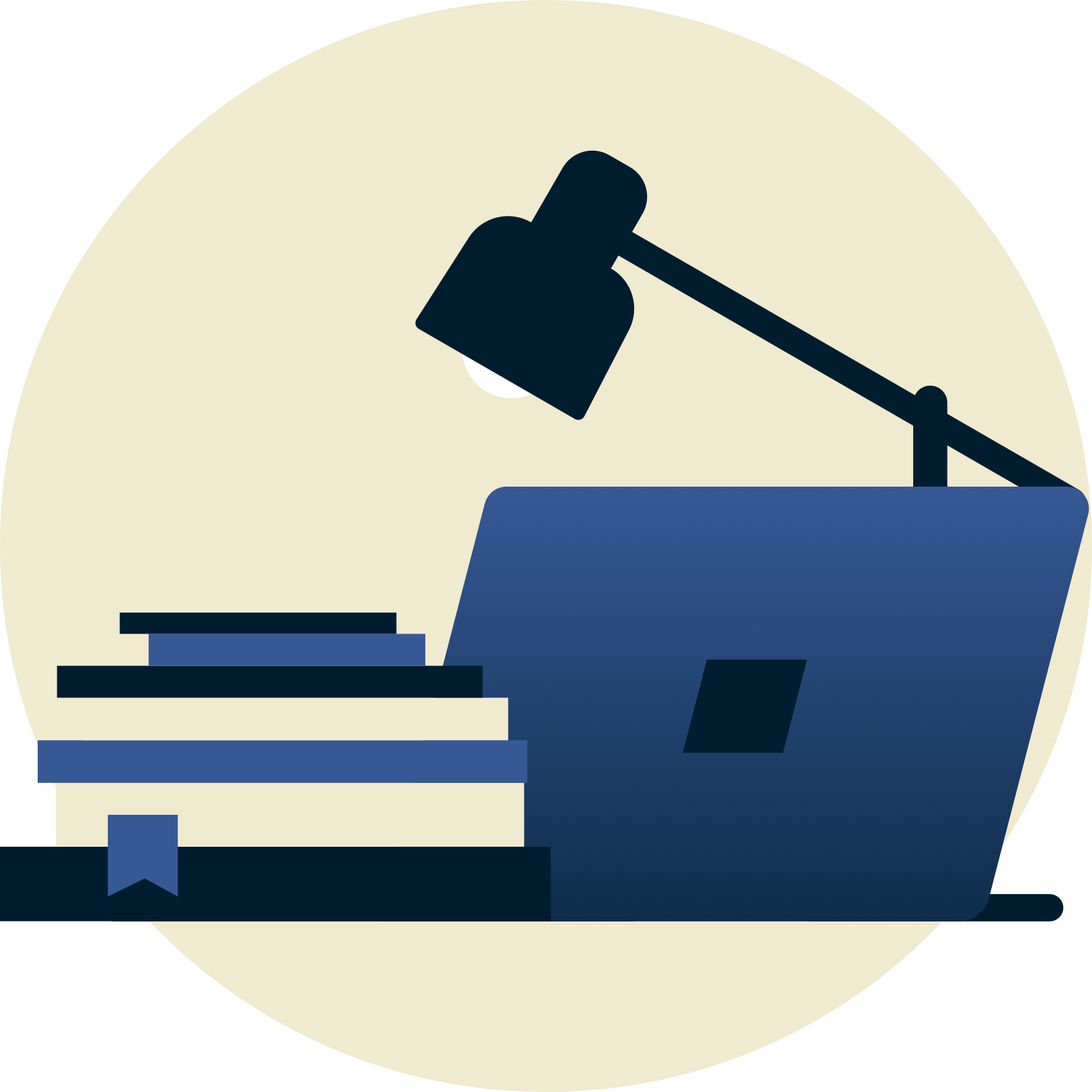 Lamp over schoolboeken en laptop van je af gericht.